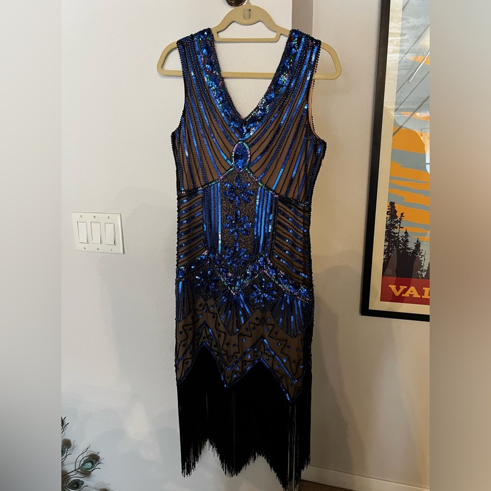 1920s Vintage Style Vijiv Beaded Dress - Blue, Medium NWT